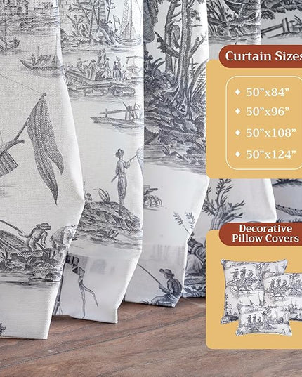 Maison d' Hermine Curtains for Living Room 100% Cotton 124 inch Length One Panel Light Filtering Toile Curtains with Rod and Loop Pockets (Calais Paloma Grey (White Background), 50" W x 124" L)