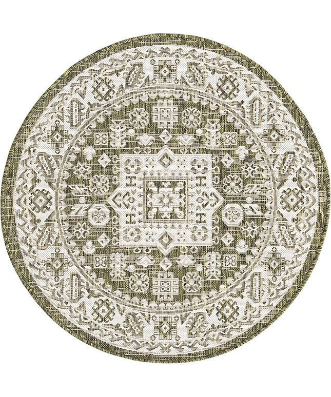 Rugs.com Outdoor Aztec Collection Rug – 3 Ft Round Green Flatweave Rug Perfect for Kitchens, Dining Rooms