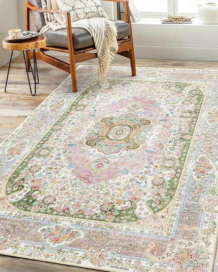 Pink Rug 3x5,Washable Area Rugs for Bedroom Living Room Kitchen Entryway,Small Boho Vintage Bohemian Distressed Non Slip Carpet,Blush Green