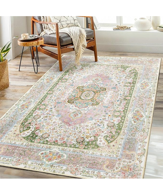 Pink Rug 3x5,Washable Area Rugs for Bedroom Living Room Kitchen Entryway,Small Boho Vintage Bohemian Distressed Non Slip Carpet,Blush Green