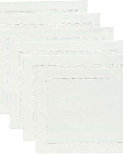 Solino Home Linen Cloth Placemats Set of 6-100% Pure Linen Hemstitch Ivory Placemats 14 x 19 Inch - Classic Hemstitch Table Place Mats for Christmas, Holiday, New Year