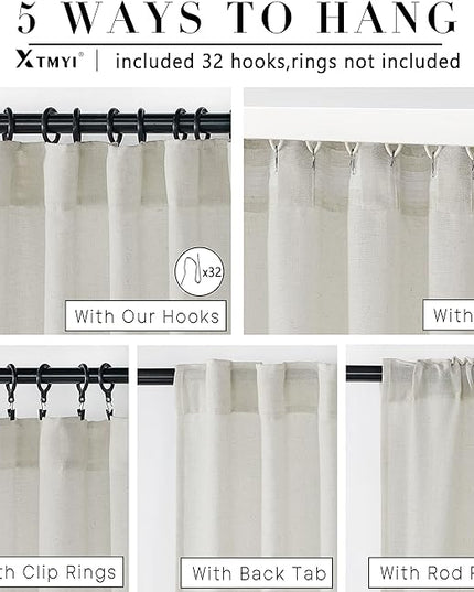 Extra Wide Curtains 70 In Width for 72 Inch Window,Pleated Back Tab Linen Semi Sheer Full Length Curtains for Living Room Sliding Glass Door 2 Panel Set,72x102,70x102,6FT x 102 Inches Long,Cream