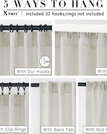 132 Inch Linen Curtains for High Ceiling Living Room 2 Panels Set Back Tab Hooks Pleat Privacy Semi Sheer Extra Long XL 11FT Hotel Curtain Drapes for Tall Windows,Cream Beige Ivory,50x132 In Length