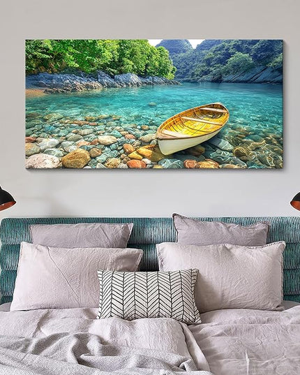 HGUAOA Lake Canvas Wall Art - Nature Landscape Mountain Wall Art for Living Room, Rustic Artwork for Walls, Pictures for Bedroom, Fine Home Decor, Scenic Wall Decor 24×48IN