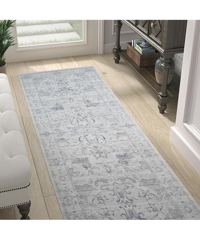 jinchan Hallway Runner Rug 2x8 Machine Washable - Vintage Floral Non-Slip Low-Pile Soft Ultra-Thin Faux Wool Kitchen Rug Distressed Carpet Runner for Farmhouse Bedroom Laundry Room (2x8ft, Grey)