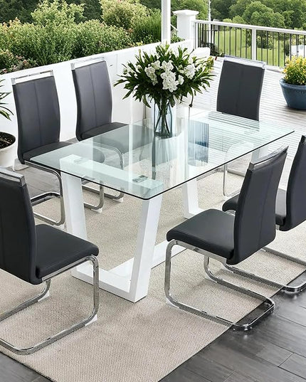 Ebullient Glass Dining Table Set for 6, Modern Dining Table Set for 6, Tempered Glass Tabletop with White MDF Trapezoid Legs, Rectangle Kitchen Table with 6 Faux Leather Chairs for Home, Apartment