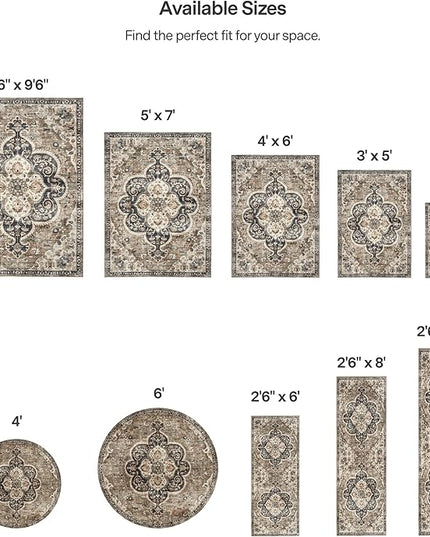 ReaLife Rugs Machine Washable Area Rug Runner - Living Room Bedroom Bathroom Kitchen Entryway Office - Padded Low Pile Stain Resistant Premium - Boho Farmhouse Vintage - Joy - Brown Beige 3' x 5'