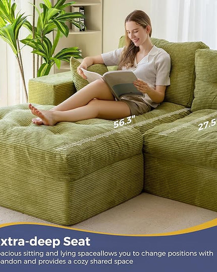MAXYOYO 104" L Shaped Modular Sectional Sofa with Ottoman, Cloud Boneless Couch with Layered Cushion, Upholstered Sofa in a Box, Flexible Module Combination for Living Room, No Assembly, Green