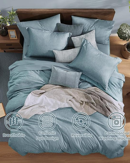 Monbix Queen Comforter Set - 7 Pieces Dusty Blue Cationic Dyeing Bed in a Bag Queen Bedding Sets with Sheets, Pillowcases & Shams, Reversible Bedding Comforters