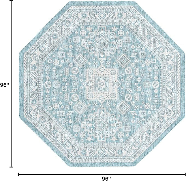 Rugs.com Outdoor Aztec Collection Rug – 8 Ft Octagon Aqua Flatweave Rug Perfect for Living Rooms, Kitchens, Entryways