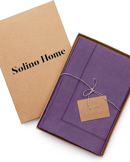 Solino Home Purple Linen Napkins Set of 4-100% Pure Linen Hemstitch Dinner Napkins 20 x 20 Inch for Winter, Holiday, Christmas, New Year - Classic Hemstitch