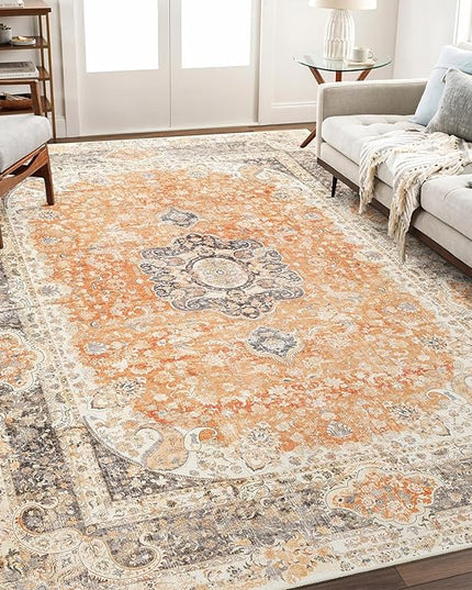 8x10 Area Rugs Washable,Boho Rug for Living Room Bedroom Dining Room,Large Vintage Bohemian Farnhouse Distressed Carpet Non Slip,Retro Orange Grey Floral