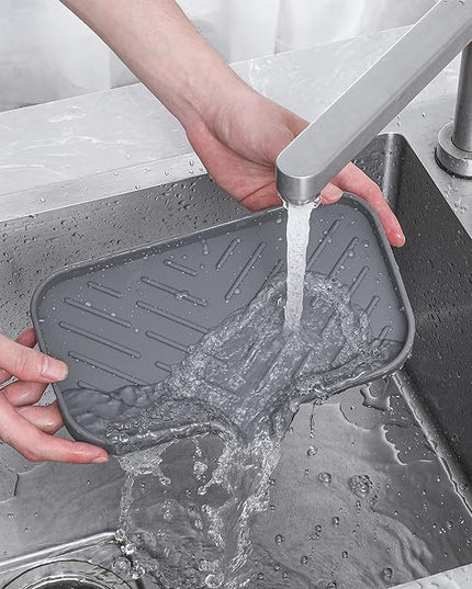Silicone Bathroom Soap Dishes with Drain Spout-Bathroom and Kitchen Sink Organizer,Sponge Holder,Dish Soap Tray,Perfect for Dispenser,Scrubber,Bottle,Cup on Sink or Counter-Grey 9.6"×5.3"