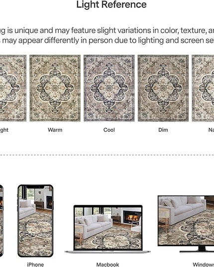 ReaLife Rugs Machine Washable Area Rug - Living Room Bedroom Bathroom Kitchen Entryway Office - Non Slip Low Pile Stain Resistant Premium - Boho Farmhouse Vintage - Joy - Brown Beige 6' Round