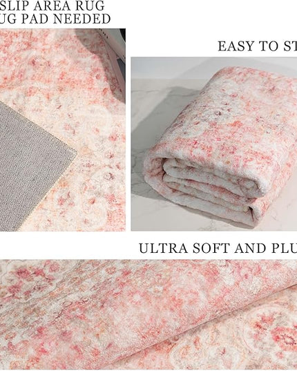 Washable Runner Rug 2x8,Pink Rug Runners Non Slip,Long Boho Rugs for Hallways Kitchen Bedroom Entryway Living Room Bathroom,Vintage Bohemian Distressed Floor Carpet,Blush
