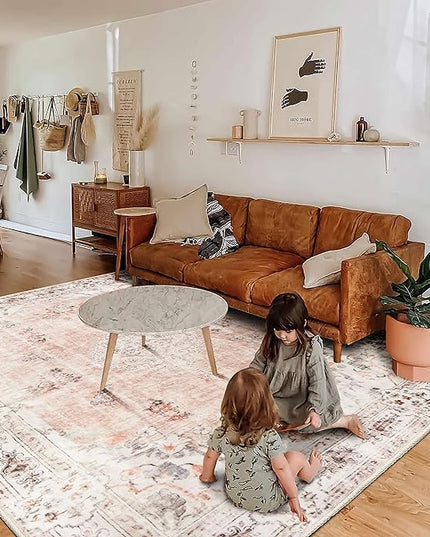 MUJOO Pink Rug 6'x9' Area Rugs for Living Room Washable Rugs Large Boho Carpet for Bedroom Dining Room Neutral Vintage Farmhouse Abstract Non Slip Soft Low-Pile Floral Flowers
