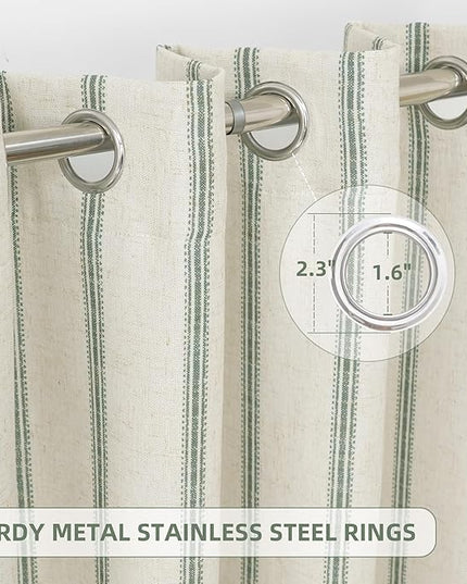 DriftAway Farmhouse Linen Blend Blackout Curtains 96 Inches Long for Bedroom Vertical Striped Printed Linen Curtains Thermal Insulated Lined Treatments for Living Room 2 Panels W52 x L96 Loden Green