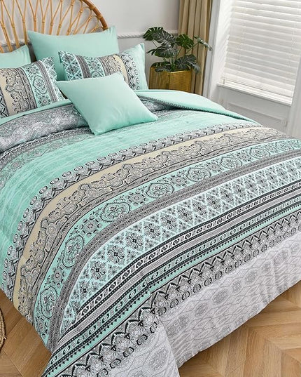 Cottolester Boho Comforter Set King Size,8 Piece Bed in a Bag Sage Green Paisley Comforter and Sheet Set,Striped Bedding Set Soft Microfiber Complete Bedding Set