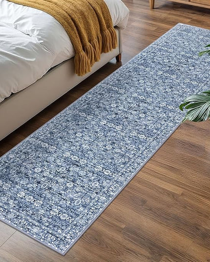 2x7 Runner Washable Rug for Hallways, Blue Soft Classic Kitchen Rugs with Non-Slip, Non-Shedding Distressed Floral Rug for Hallway Entryway Bedroom Bathroom Laundry Indoor