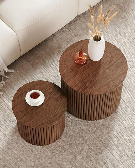 Small Fluted Round Nesting Coffee Table Set of 2, Mid Century Modern Coffee Table Circle Side Table, Wood Nesting Table Farmhouse End Tables Set for Living Room, Bedroom, Small Spaces(Walnut