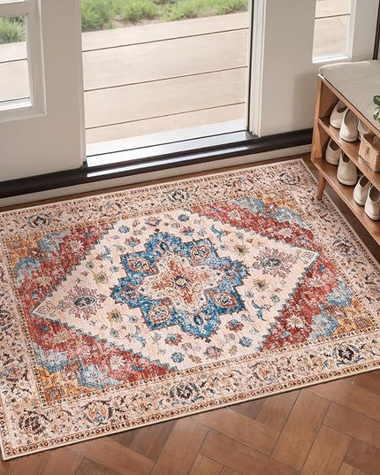 Ciicool Washable Vintage Area Rug, 2x3ft Small Boho Rug, Ultra Soft Rugs for Entryway, Non-Slip Entry Rugs Oriental Low-Pile Indoor Mat Floor Carpet for Entrance Bedroom Kitchen Bathroom Foyer Decor