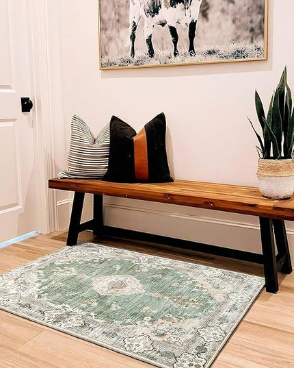 MUJOO Green Area Rug Small Rugs Boho Machine Washable Rugs Non Slip for Entryway Kitchen Bathroom Bedroom Vintage Soft Low-Pile 2'x3' Flowers