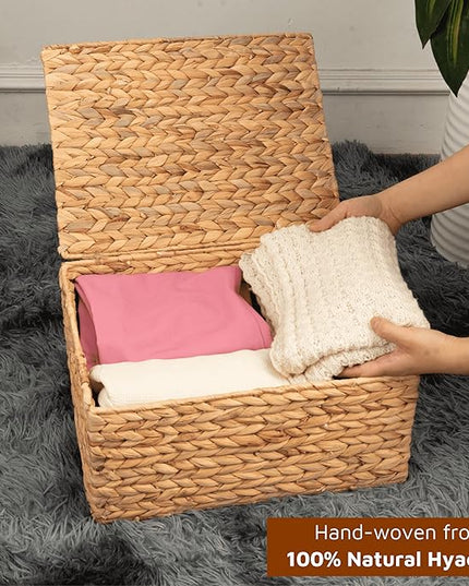 Wicker Storage Baskets with Lid, Basket With Lid Decorative Storage Rectangle 14"D X 11"W X 7"H Wicker Storage Basket With Lid Large Rattan Storage Box Hyacinth Baskets