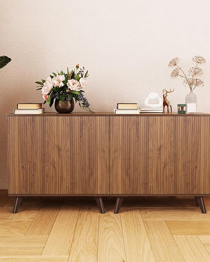 Modern Sideboard Buffet Cabinet Console Table, Accent Storage Cabinet Credenza Buffer Cabinets with 4 Fluted Doors for Kitchen Dining Living Room Entryway (Walnut)