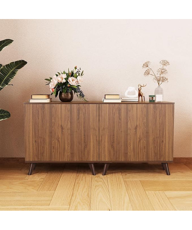 Modern Sideboard Buffet Cabinet Console Table, Accent Storage Cabinet Credenza Buffer Cabinets with 4 Fluted Doors for Kitchen Dining Living Room Entryway (Walnut)