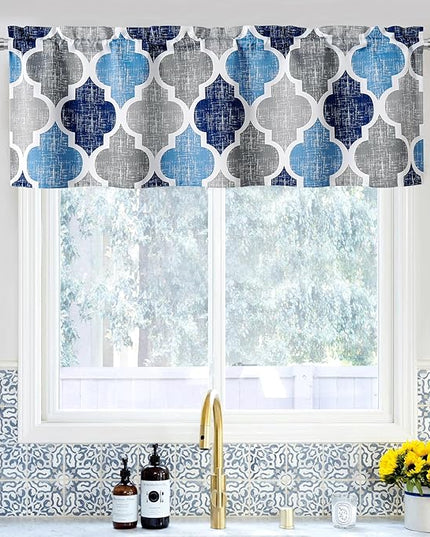 Beauoop Lattice Blackout Window Valance Curtain Panels Thermal Insulated Noise Reduction Drapes for Kitchen Cafe Living Room Quatrefoil Window Treatment Sets Rod Pocket, 50W x 18L, Blue/Gray, 1 Panel