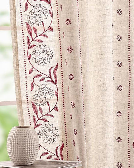 jinchan Winslow Linen Curtains for Bedroom 63 Inches Length Embroidered Bordered Floral Curtains for Living Room Farmhouse Decor Light Filtering Window Treatments Red on Beige Drapes 2 Panels