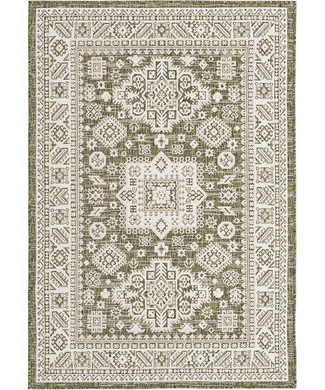 Rugs.com Outdoor Aztec Collection Rug – 4' x 6' Green Flatweave Rug Perfect for Living Rooms, Large Dining Rooms, Open Floorplans