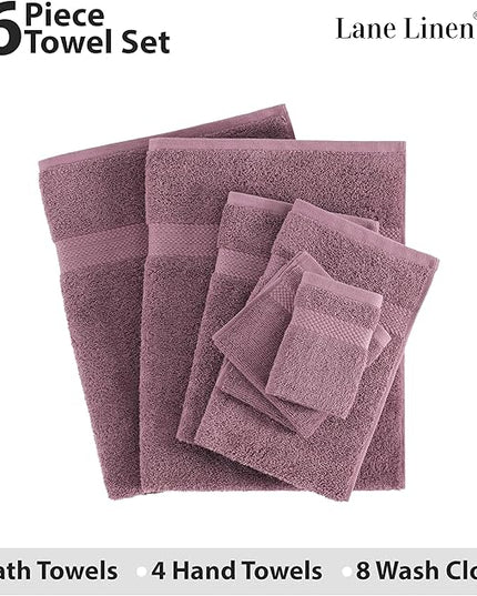 LANE LINEN 100% Mercerized Cotton Luxury Bathroom Towel Set - 16 Pcs - Super Soft, Fluffy & Highly Absorbent - 4 Bath Towels, 8 Washcloths, 4 Hand Towels - Pre Shrunk, Pet Friendly - Wishful Mauve