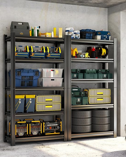 Storage Shelves, Garage Metal Shelving Unit, Adjustable, Double-Layer Column with Reinforced Ribs, Heavy-Duty, Capable of Bearing 600-3600 lbs (Black, 77 * 45 * 18, 5-Tier)