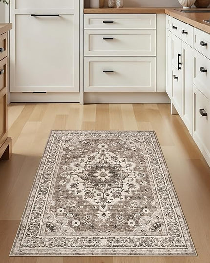 Washable Entryway 3x4 Rug - Area Rugs for Kitchen Bathroom Non-Slip Ultra-Thin Indoor Door Mat Indoor Entrance - Stain Resistant Small Throw Carpet (Beige, 3X4)
