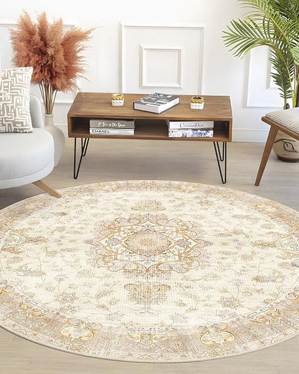 Boho Round Rug 5ft, Circle Area Rugs for Bedroom Living Room Bedside,Washable Vintage Bohemian Distressed Oriental Floral Carpet Non Slip,Retro Beige Floral