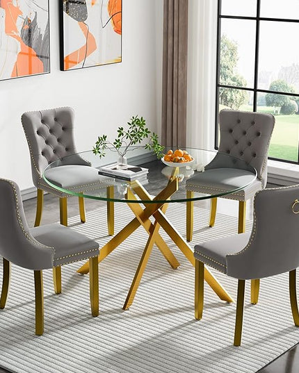 HomVent 5 Piece Round Glass Dining Table Set, Tempered Glass Dinner Table Set for 4 Kitchen Table Set with 4 Velvet Upholstered Chairs for Kitchen Dining Room