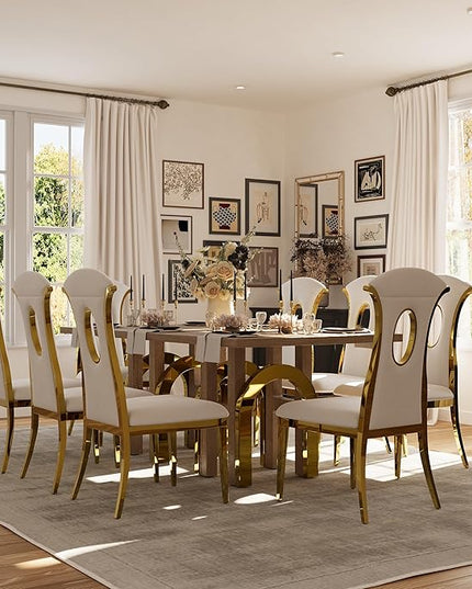 78 inch Rectangular Solid Wood Dining Table for 6-8, Luxury Farmhouse Rustic Dining Table with Light Brown Wood Top and UH-Shaped Mirrored Gold Pedestal, for Dining Room, Kitchen