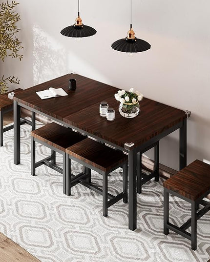 iPormis 7-Piece Dining Table Set with 6 Stools, 63" Extendable Kitchen Table Set for 4-8, Modern Dining Room Table with Sturdy Metal Frame, Space-Saving Dinette, Espresso