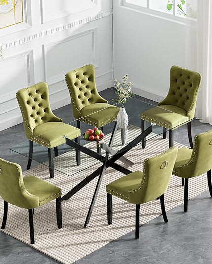 Modern 7-Piece Glass Dining Table Set for 6, Modern 60" Rectangle Black Glass Dining Room Table Set with Olive Green Velvet Tufted Chairs Wood Legs for Kitchen Dining Room