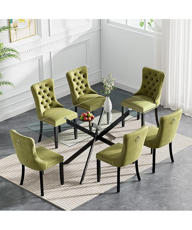 Modern 7-Piece Glass Dining Table Set for 6, Modern 60" Rectangle Black Glass Dining Room Table Set with Olive Green Velvet Tufted Chairs Wood Legs for Kitchen Dining Room
