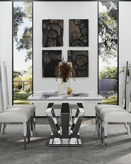 78" Dining Table, Glam Dining Room Table with Metal Mirrored Pedestal, Silver and Grey Kitchen Table for 4-8