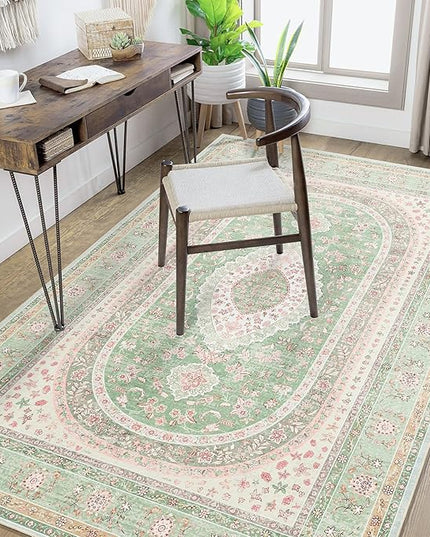 Green Rug 4x6.5,Washable Area Rugs for Bedroom Living Room Kitchen Entryway,Small Boho Vintage Bohemian Distressed Oriental Non Slip Carpet,Sage Blush Floral