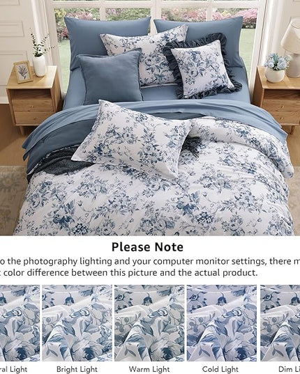 Full Comforter Set -7 Pieces Floral Blue Comforter Set for All Seasons, Bed in a Bag Full with Botanical Flowers Comforter, Sheets, Pillowcases & Shams