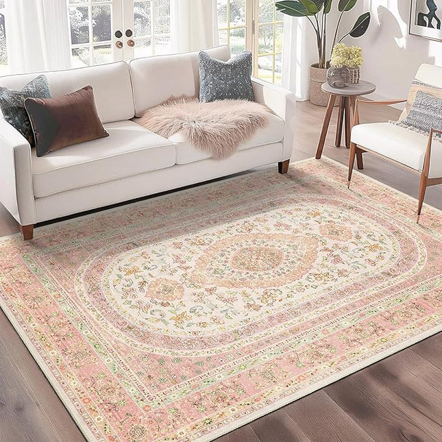 Pink Rug 3x5,Boho Washable Area Rugs for Bedroom Living Room Kitchen Entryway,Small Vintage Distressed Farmhouse Non Slip Carpet,Blush Floral