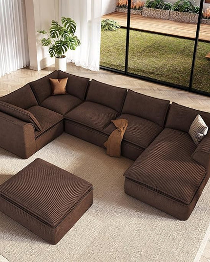 Vesgantti 141.7" Oversized Boneless Sectional Couch, 7 Seater Modular Sofa with Chaise & Ottoman & Armrest, Deep Seat Corduroy Cloud Couches for Living Room, No Assembly Required, Dark Brown
