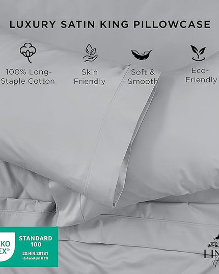 Linen Home 500 Thread Count King Pillowcase Set | 100% Long-Staple Cotton Pillow Cases | Soft & Smooth Luxury Satin Set of 2 Pillowcases | 4 Inch Z Hem | Silver