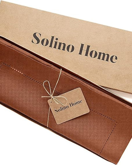 Solino Home Linen Placemats Set of 4 - Classic Hemstitch Cinnamon Placemats 14 x 19 Inch - 100% Pure Linen Table Mats for Winter