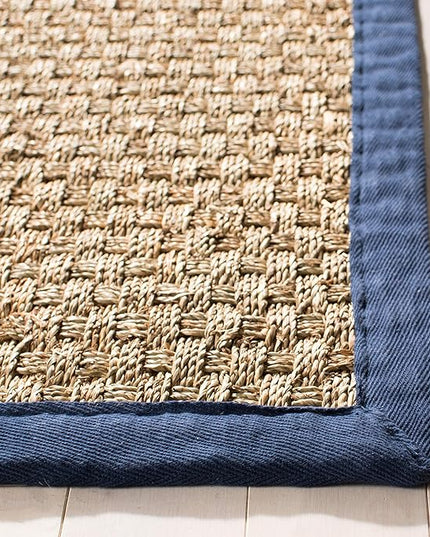 Safavieh Area Rug 3' Square - Natural Fiber Collection - Natural & Blue, Seagrass, Basketweave Pattern with Border (NF114E)