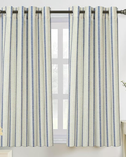 DriftAway Farmhouse Linen Blend Blackout Curtains 54 Inches Long for Bedroom Vertical Striped Printed Linen Curtains Thermal Insulated Lined Treatments for Living Room 2 Panels W52 x L54 Navy